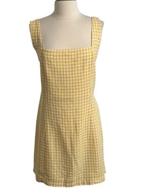 Women's Sleeveless Square-Neck, Wide Straps Yellow and White Gingham Mini Dress